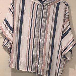 Short Sleeve Stripped Button  Blouse